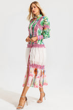 Floral Lantern Sleeve Stand Collar Ruffle Maxi Dress