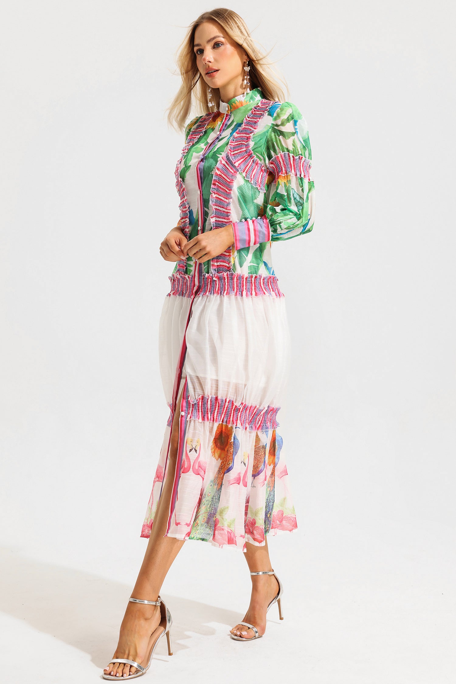 Floral Lantern Sleeve Stand Collar Ruffle Maxi Dress