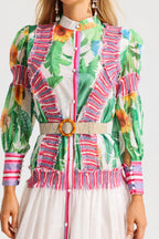 Floral Lantern Sleeve Stand Collar Ruffle Maxi Dress