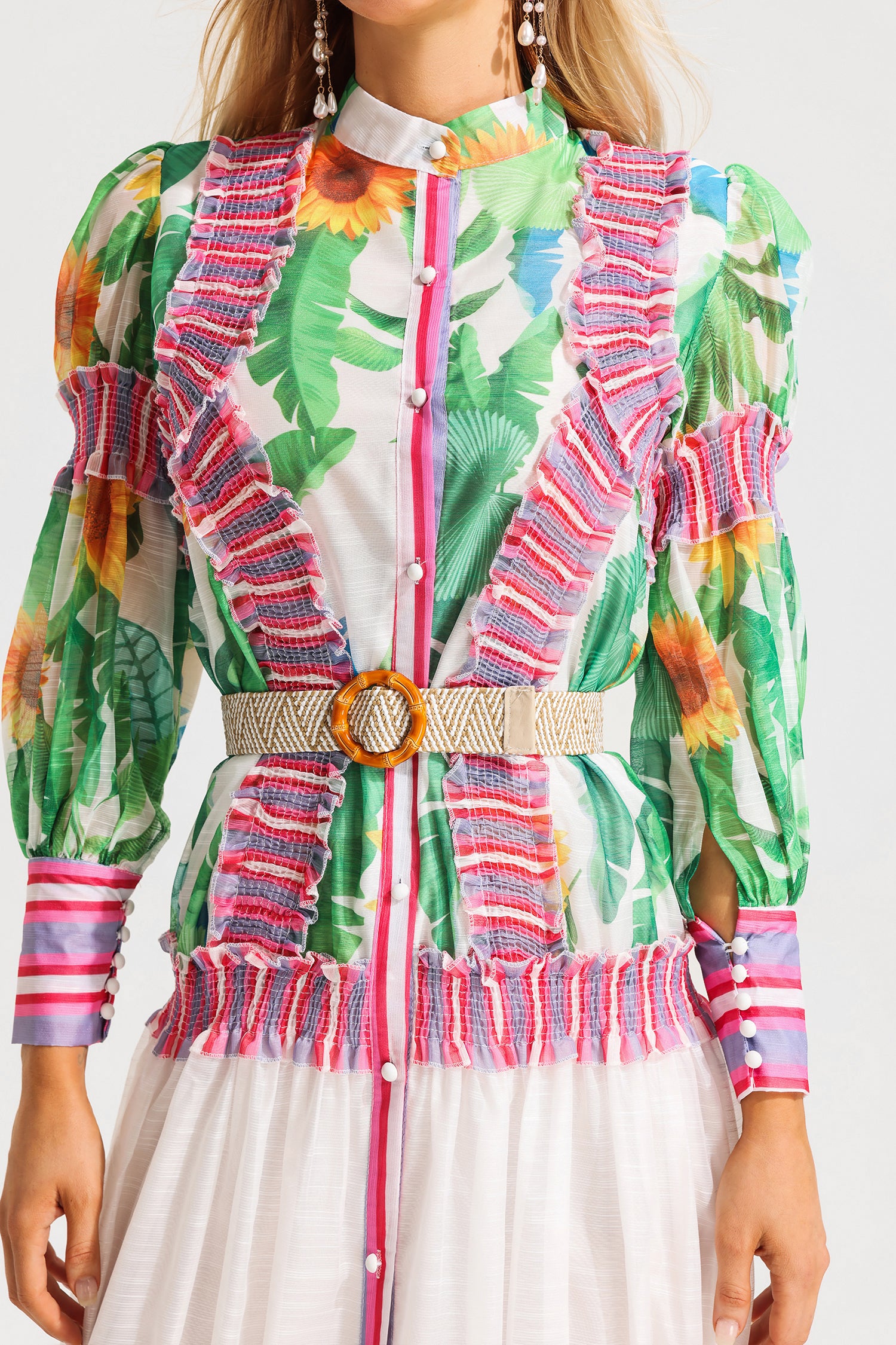 Floral Lantern Sleeve Stand Collar Ruffle Maxi Dress