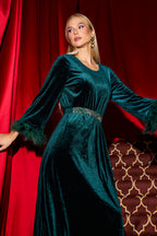 Solid Velvet Feather Midi Dress With Belt