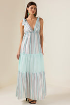 Stripe Splicing V-Neck Midi Dress