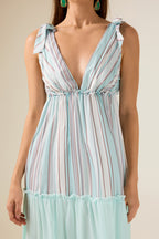 Stripe Splicing V-Neck Midi Dress