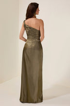 Solid Gathering Skew Collar Maxi Dress