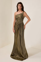 Solid Gathering Skew Collar Maxi Dress