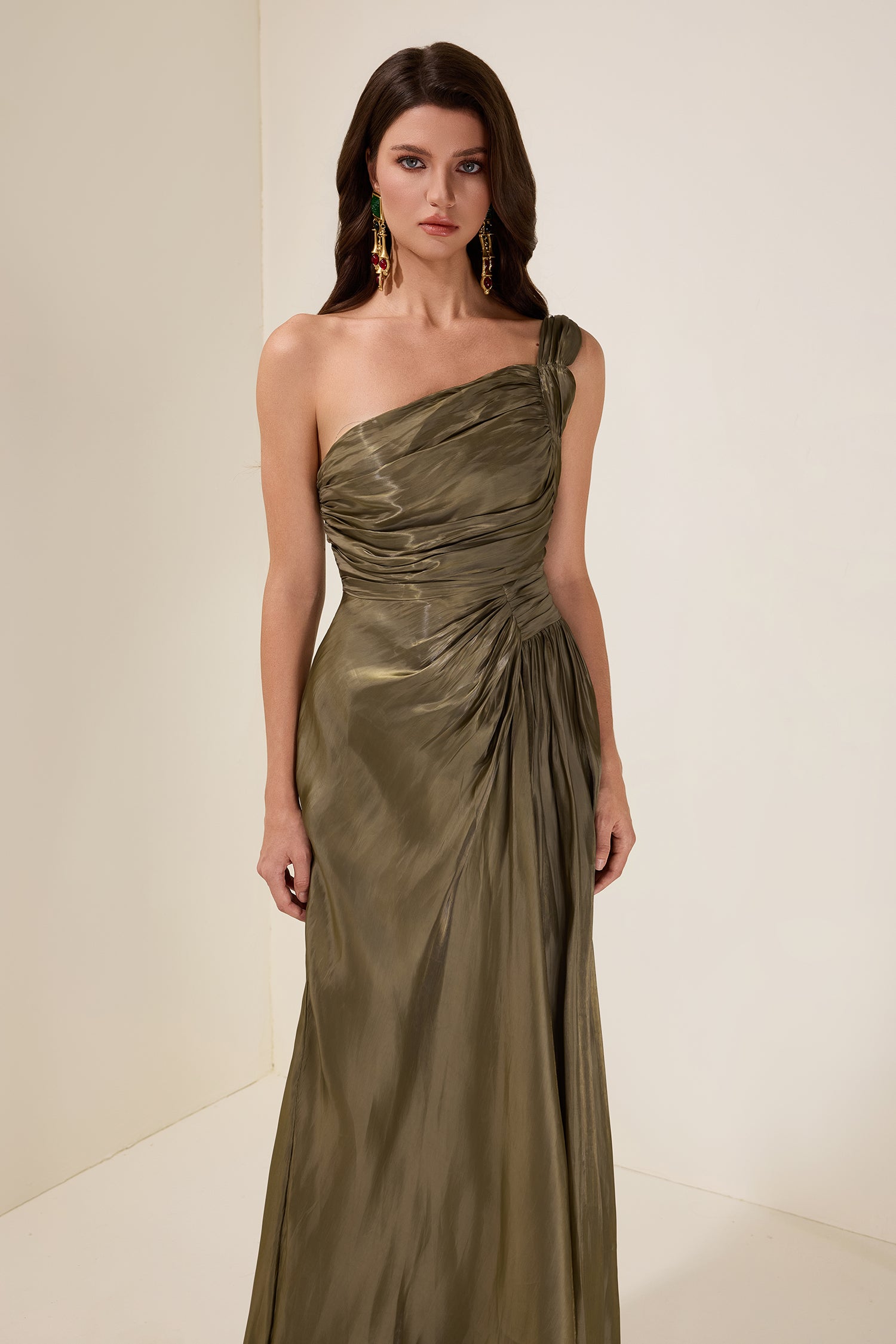 Solid Gathering Skew Collar Maxi Dress