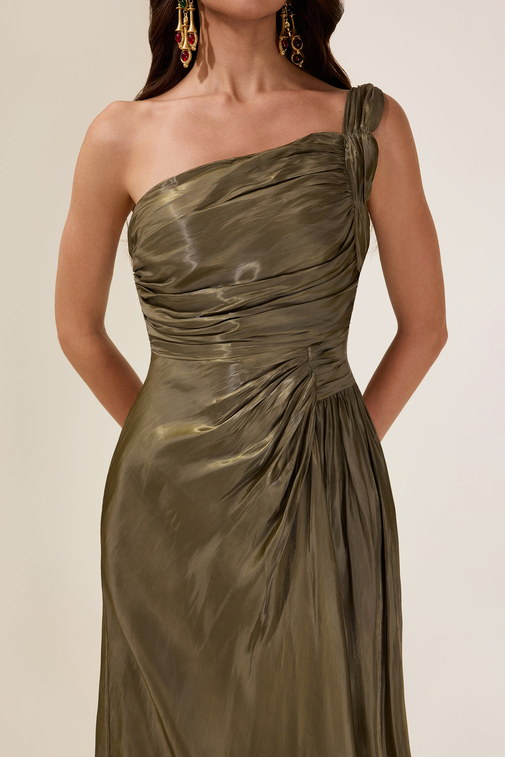 Solid Gathering Skew Collar Maxi Dress