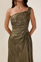 Solid Gathering Skew Collar Maxi Dress