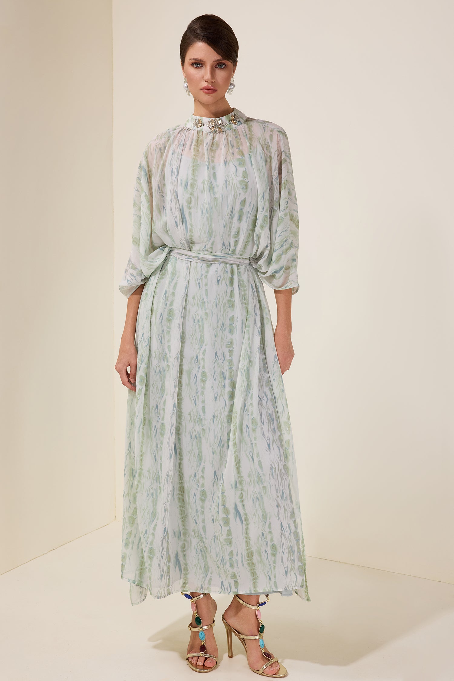 Rhinestone Batwing Sleeve Maxi Dress With Belt