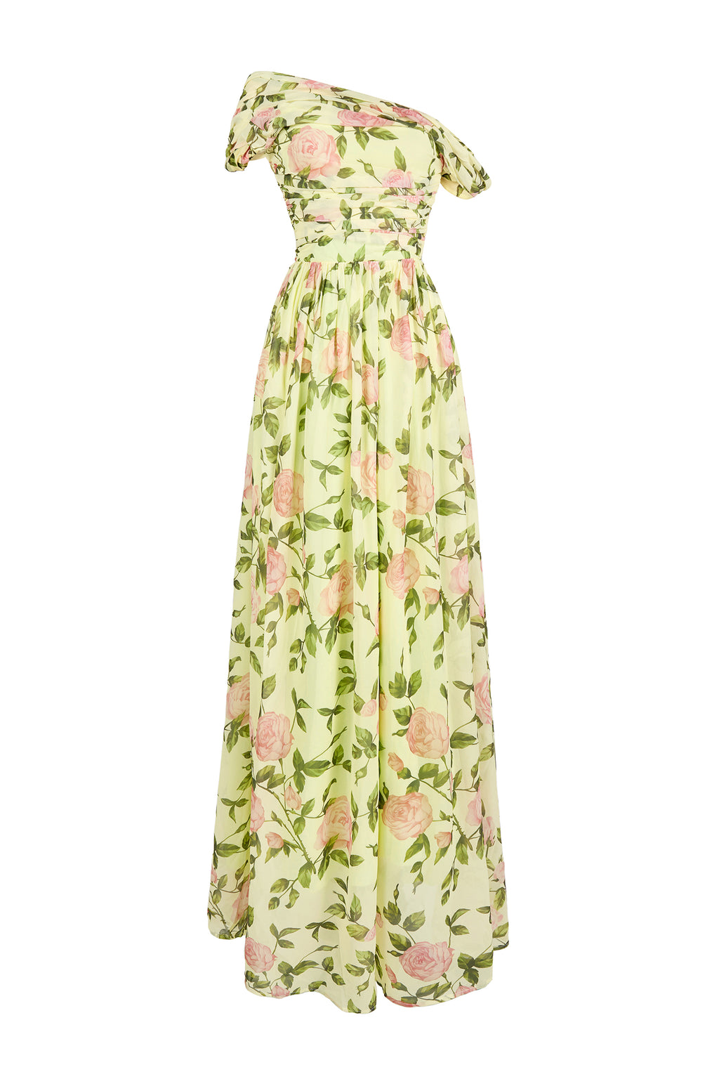 Floral Skew Collar Chiffon Maxi Dress
