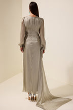 Gathering Lantern Sleeve Lace-Up Maxi Dress