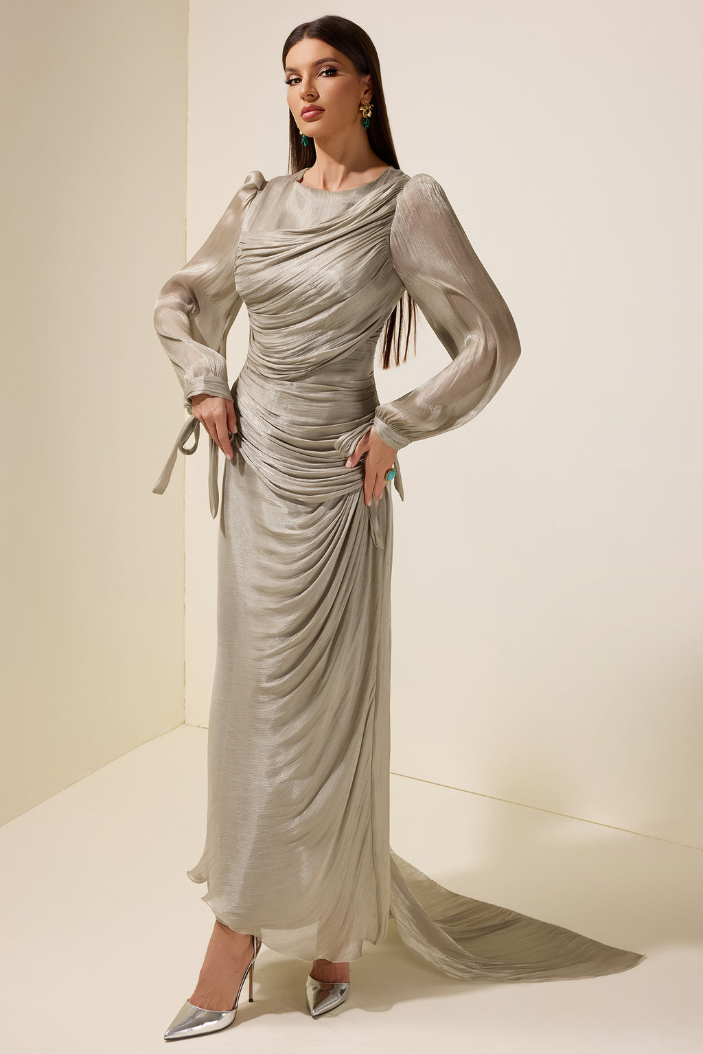 Gathering Lantern Sleeve Lace-Up Maxi Dress