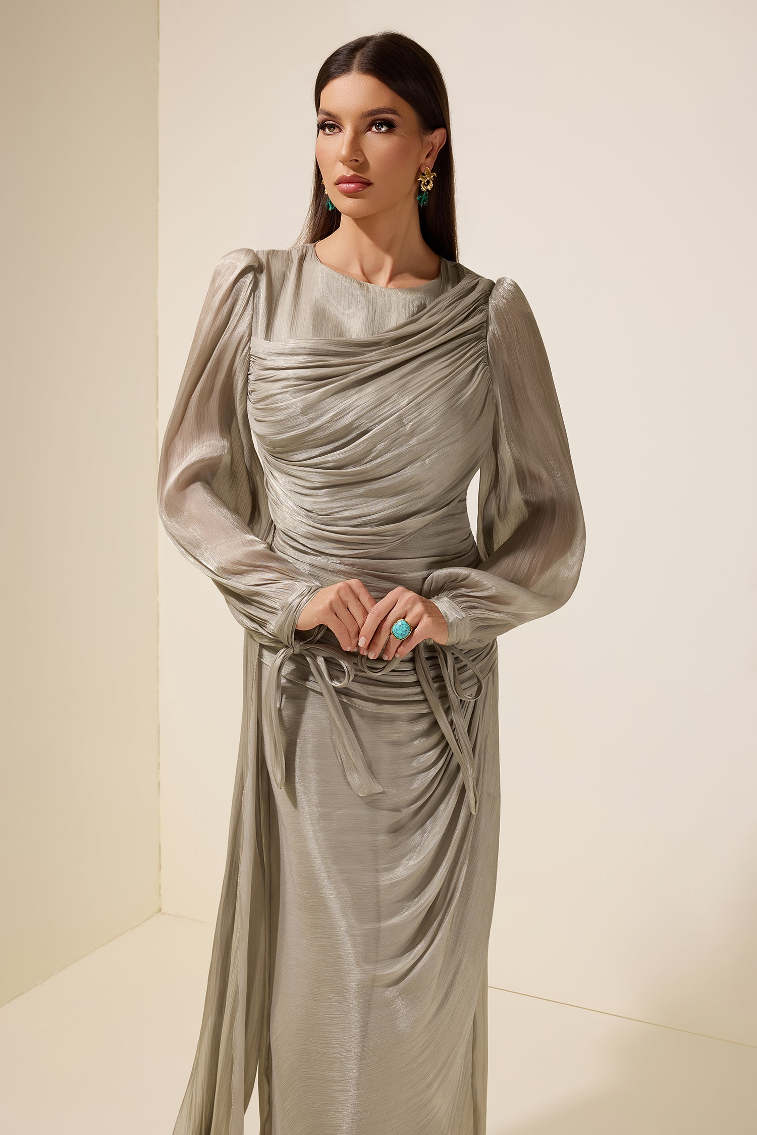 Gathering Lantern Sleeve Lace-Up Maxi Dress