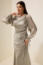 Gathering Lantern Sleeve Lace-Up Maxi Dress