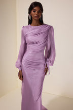 Gathering Lantern Sleeve Lace-Up Maxi Dress