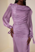 Gathering Lantern Sleeve Lace-Up Maxi Dress
