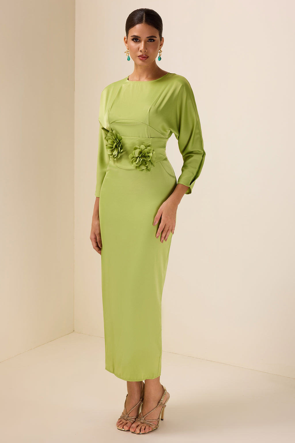 Satin Bell Sleeve Solid Midi Dress With Belt