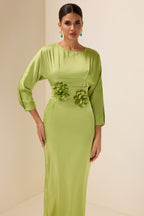 Satin Bell Sleeve Solid Midi Dress With Belt