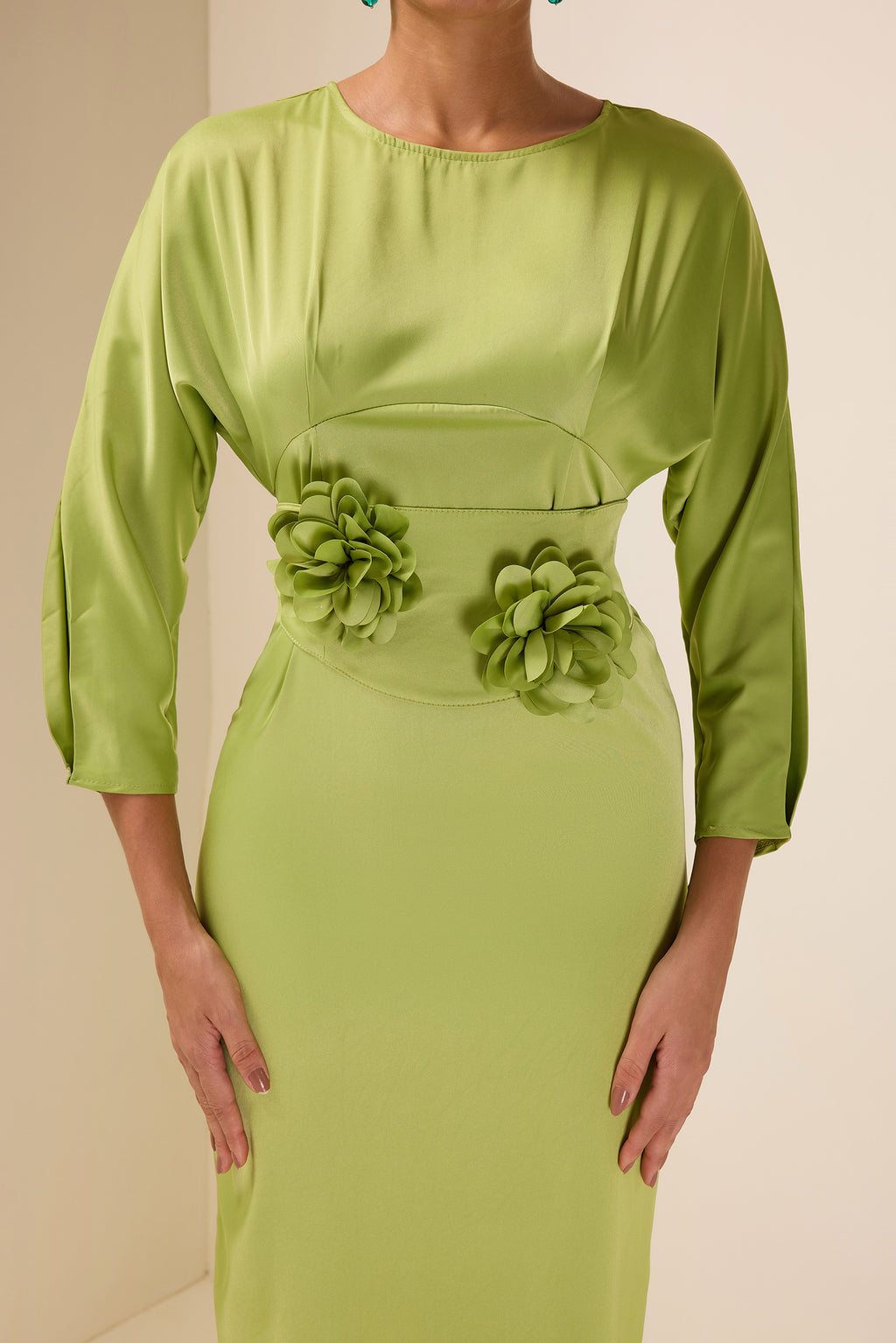 Satin Bell Sleeve Solid Midi Dress With Belt