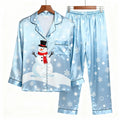 Holiday Couple Button-Up Sky Blue Satin Christmas Pajamas Set