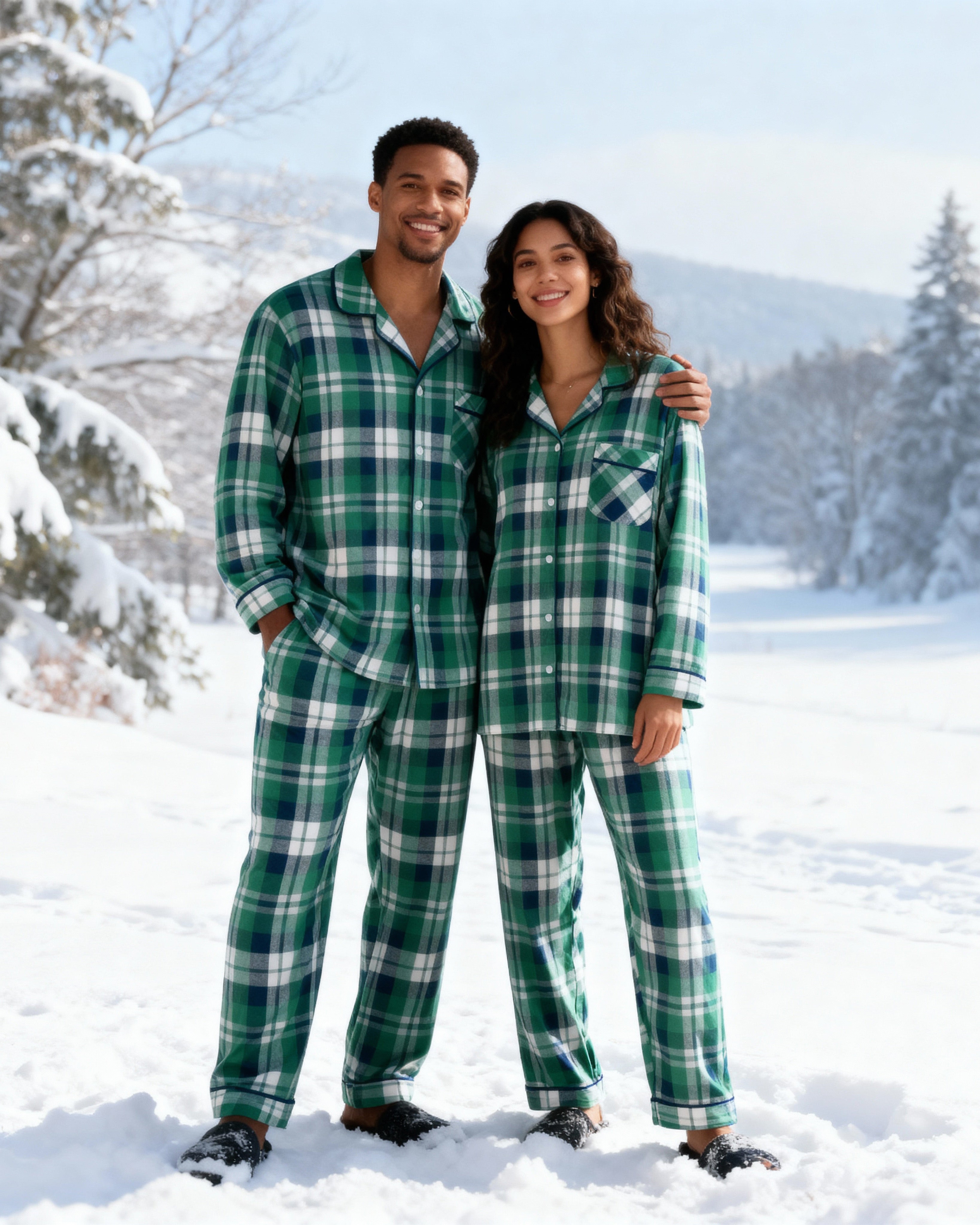 Matching Christmas Green Blue Plaid Button Up Couple Pajamas Sets