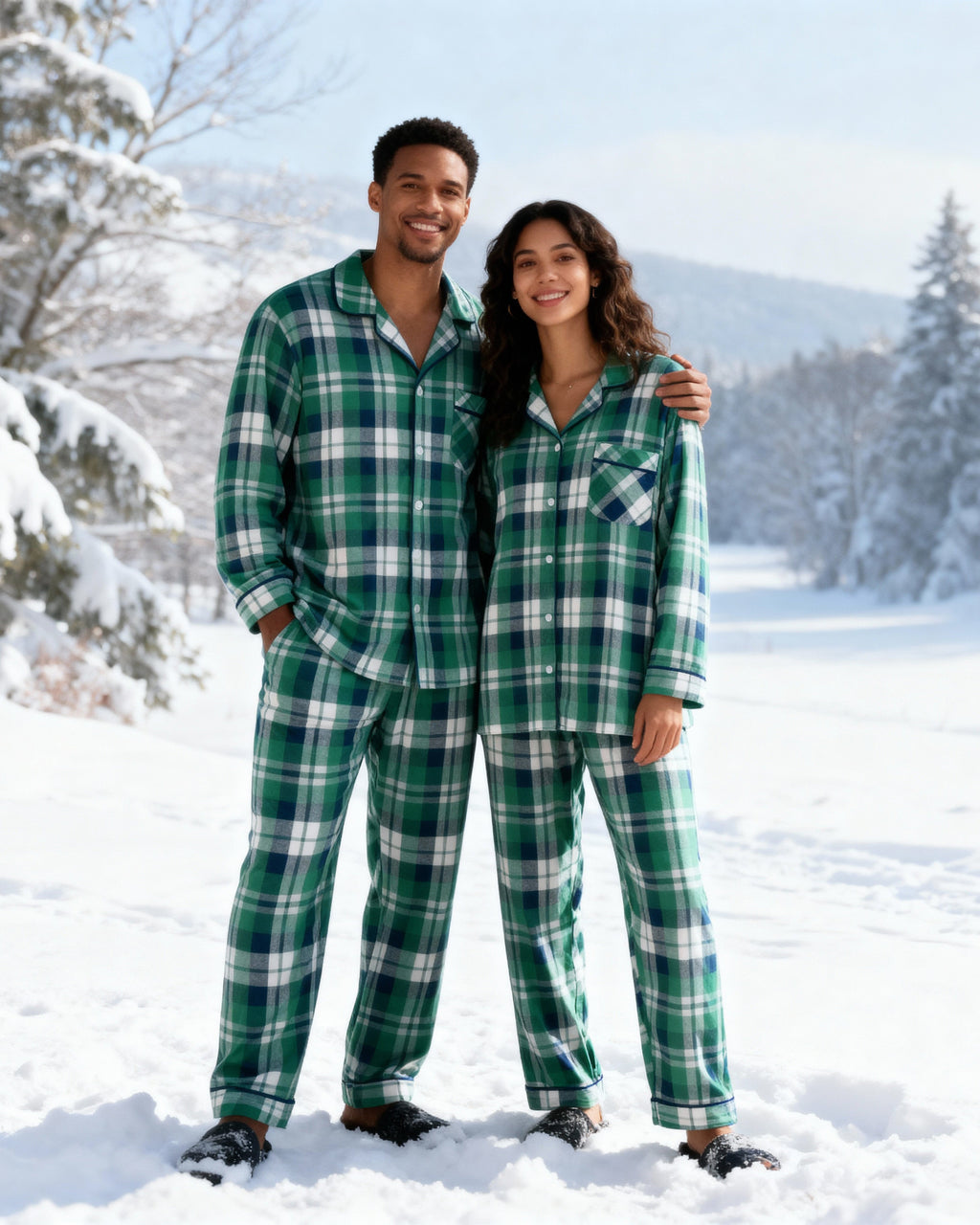 Matching Christmas Green Blue Plaid Button Up Family Pajamas Sets