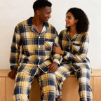 Matching Christmas Yellow and Blue Plaid Button Up Couple Pajamas Sets