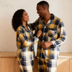 Matching Christmas Yellow and Blue Plaid Button Up Couple Pajamas Sets