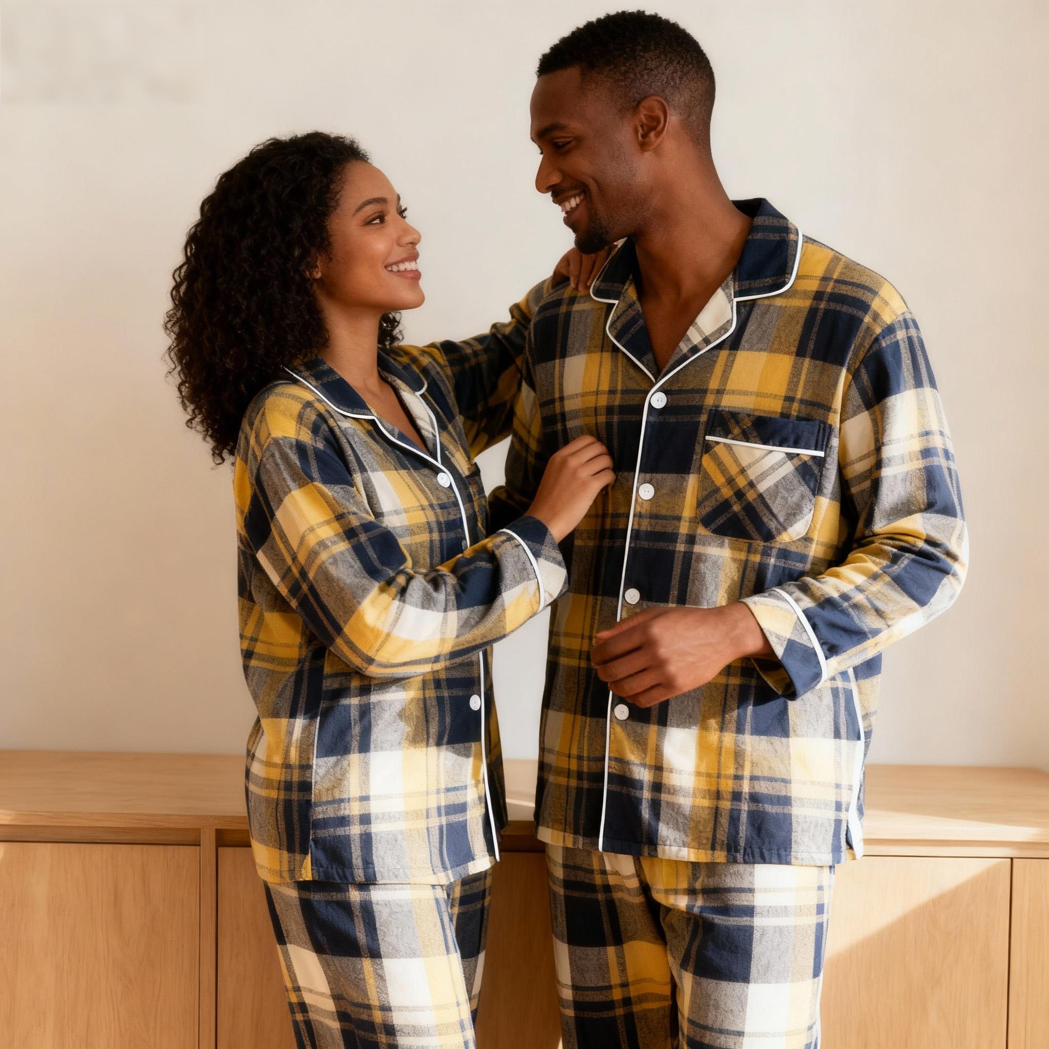 Matching Christmas Yellow and Blue Plaid Button Up Family Pajamas Sets
