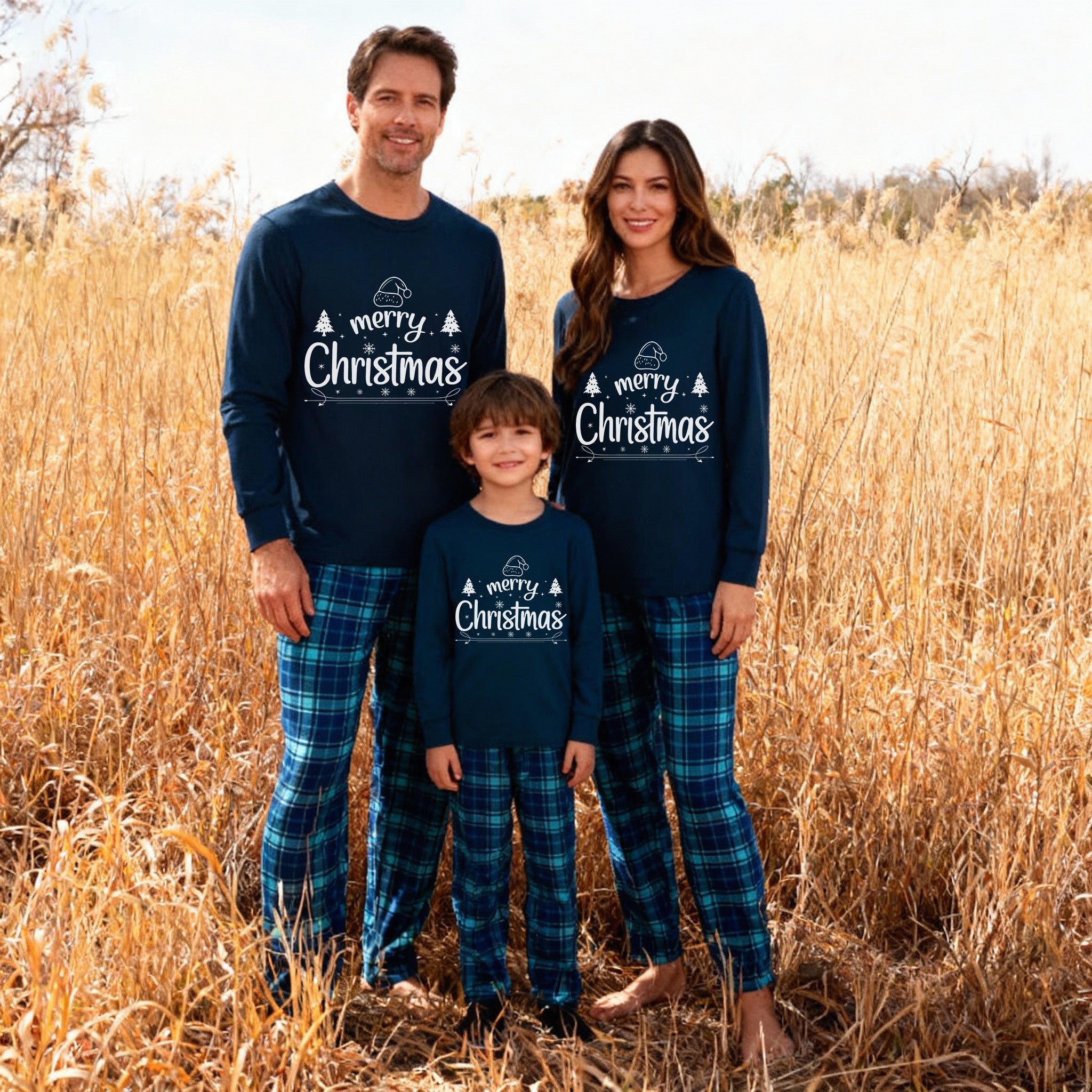 "Merry Christmas" White Letter 2026 Blue Long Sleeve Top With Blue Plaid Family Matching Pajamas