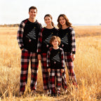 Christmas Santa Claus Print Patterned Casual Long Sleeve Sweatshirts Contrast Tops and Red & Black & White Plaid Pants Family Matching Pajamas Set With Pet Bandana