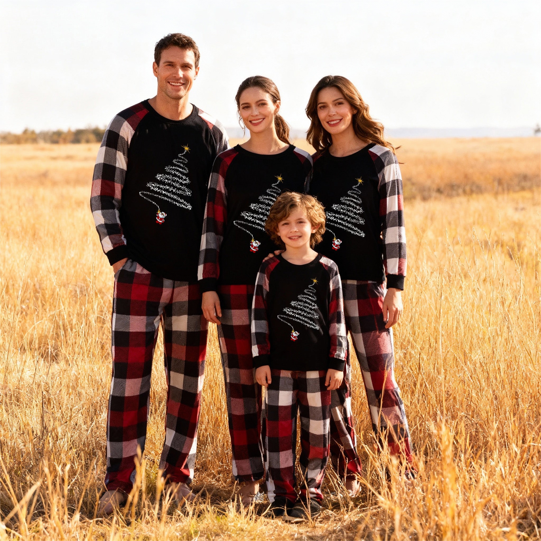 Christmas Santa Claus Print Patterned Casual Long Sleeve Sweatshirts Contrast Tops and Red & Black & White Plaid Pants Family Matching Pajamas Set With Pet Bandana