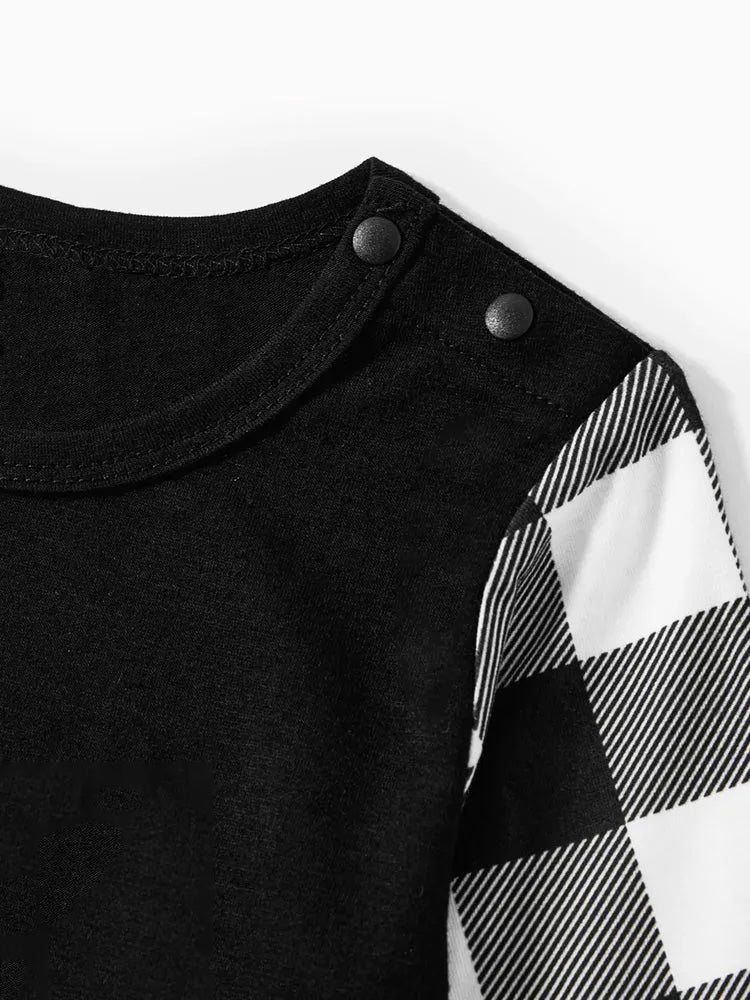 2026 Family Christmas Text Print Black Long Sleeve Top with Black And White Plaid Pants Family Matching Pajamas