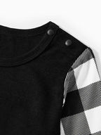 2026 Family Christmas Text Print Black Long Sleeve Top with Black And White Plaid Pants Family Matching Pajamas