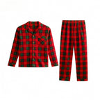 Christmas Couple Matching Red and Green Plaid Button Up Long-sleeve Pajamas Sets