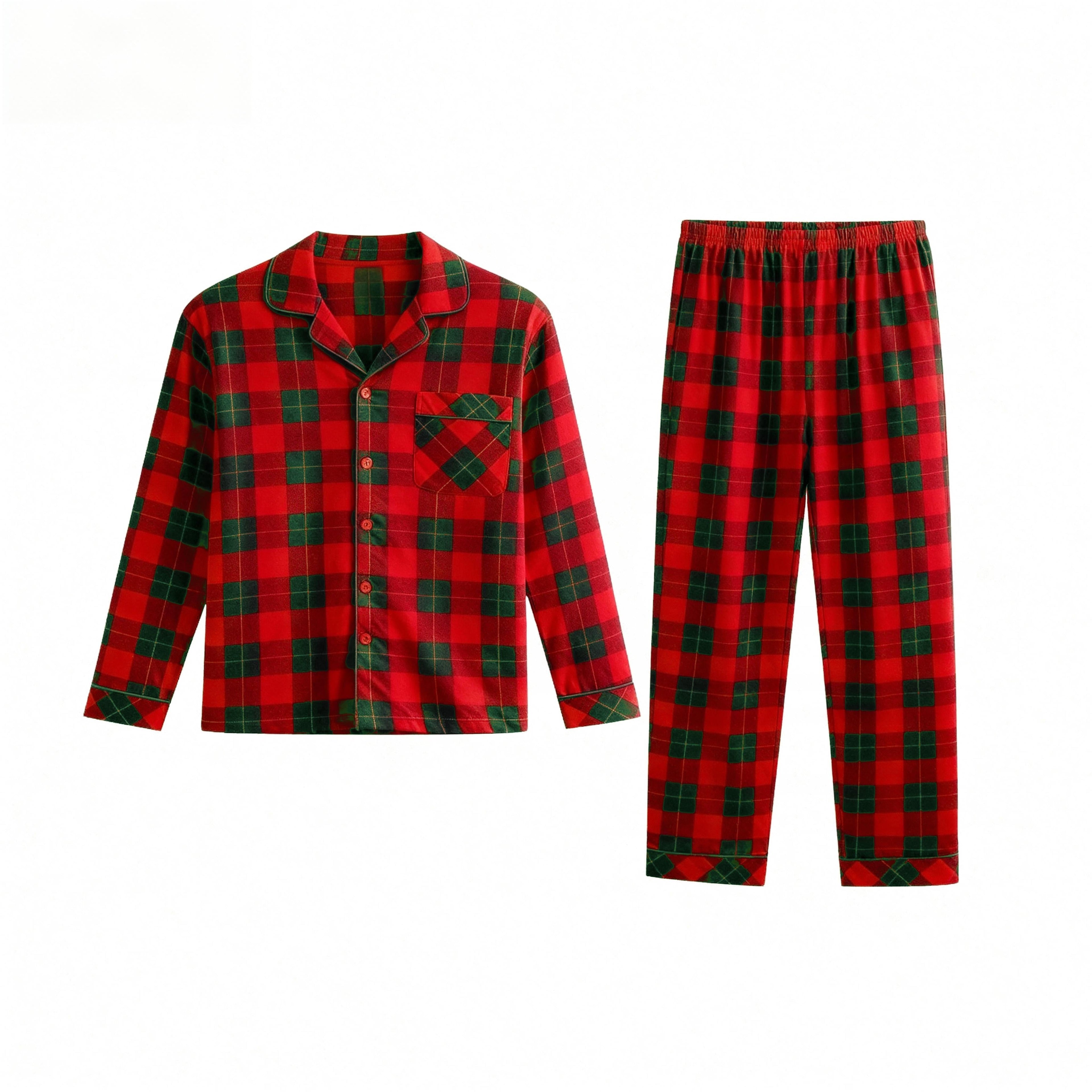 Christmas Couple Matching Red and Green Plaid Button Up Long-sleeve Pajamas Sets