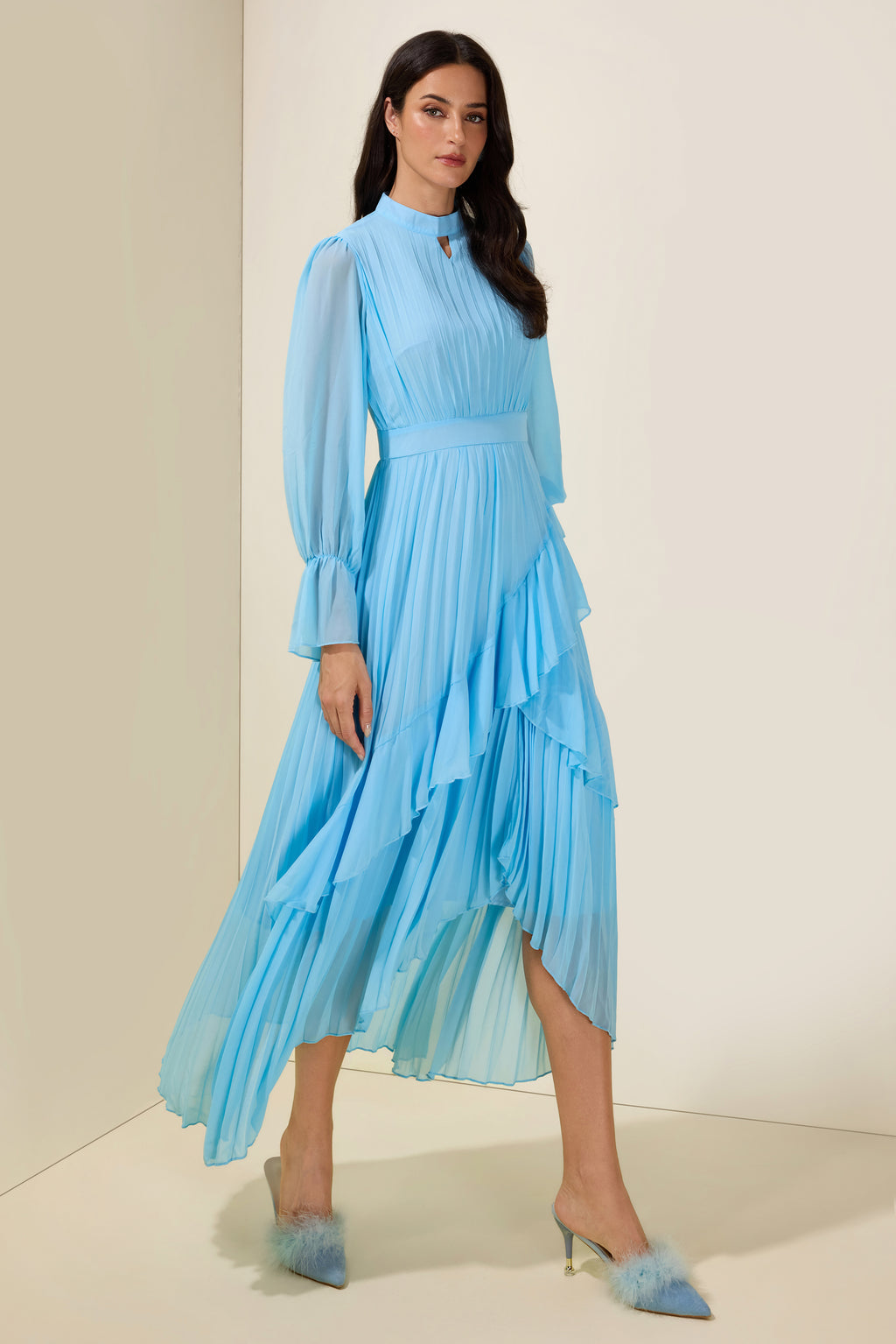 Chiffon Ruffle Pleated Midi Dress