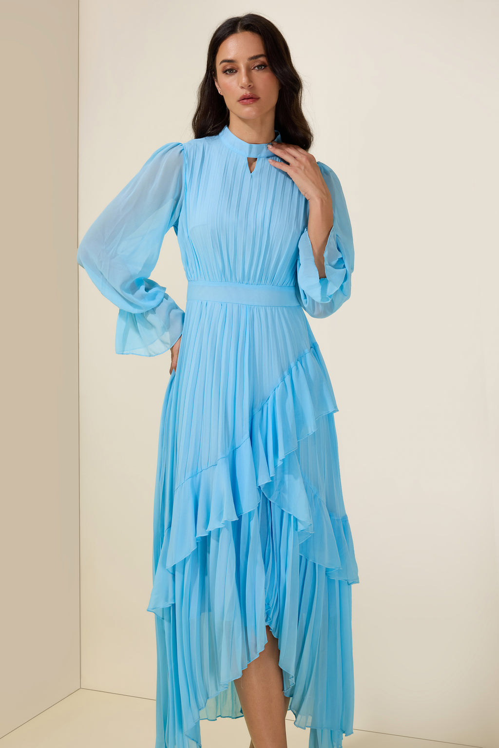 Chiffon Ruffle Pleated Midi Dress