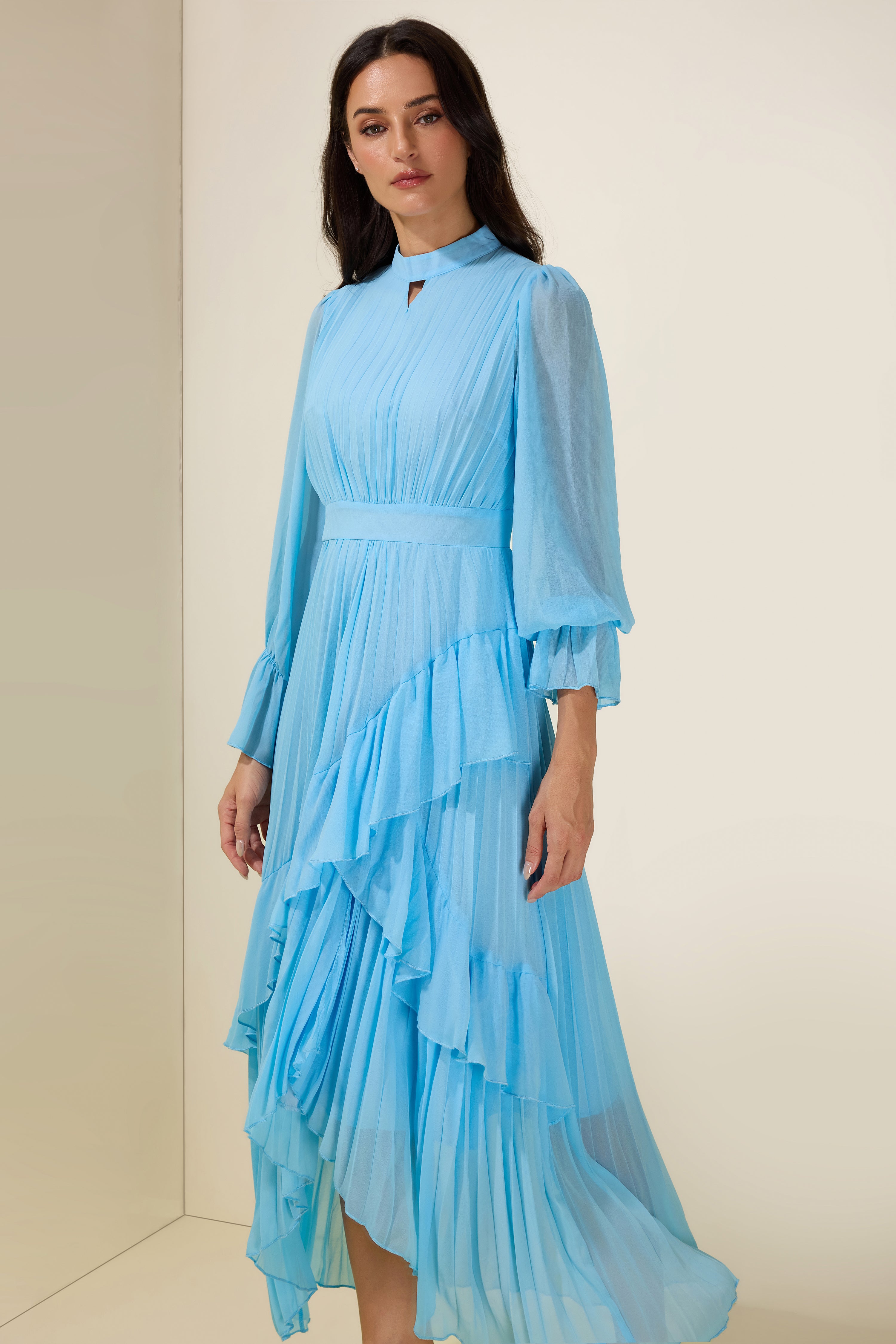 Chiffon Ruffle Pleated Midi Dress