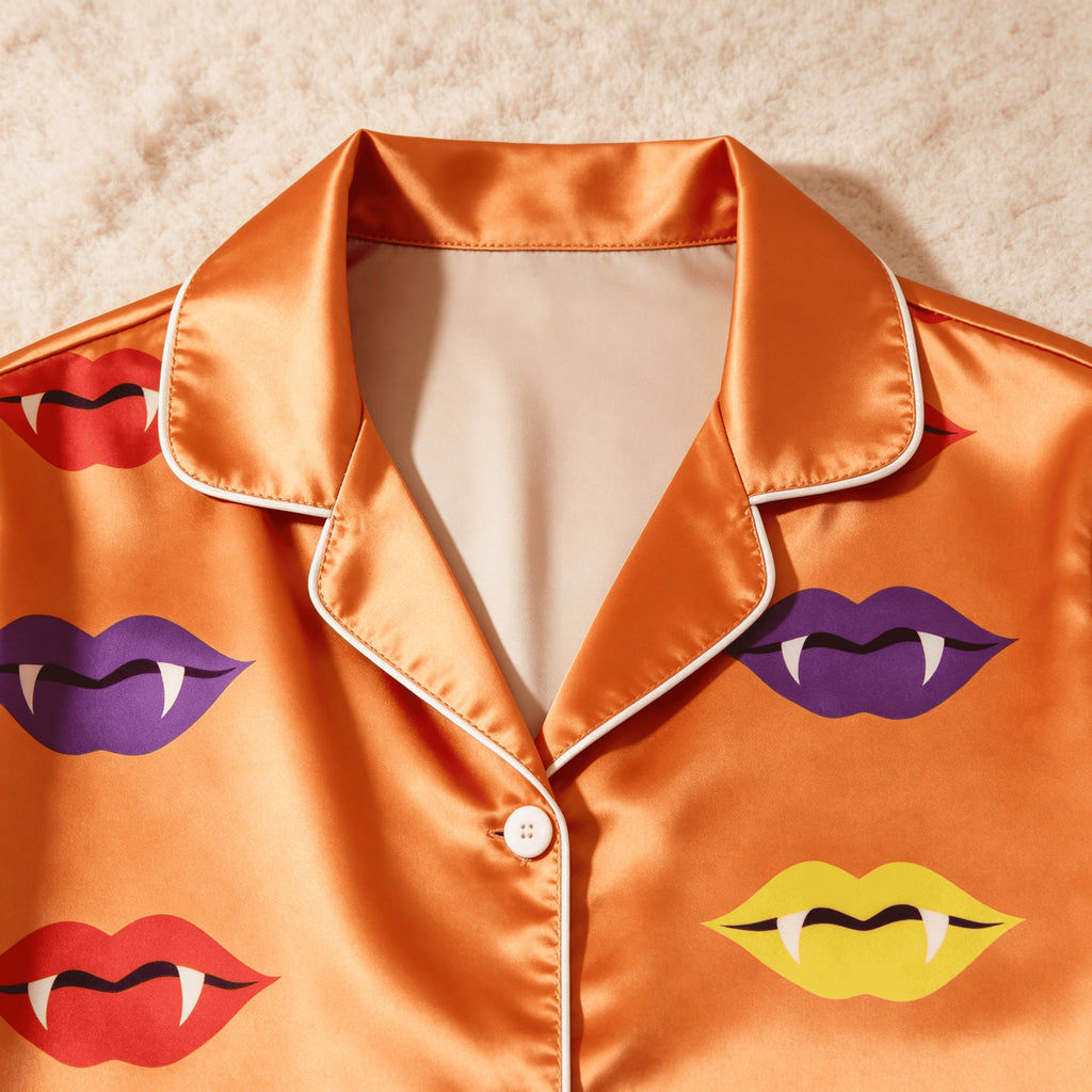 Orange Vampire Lips & Fangs Print Satin Button-Up Family Halloween Pajamas Set
