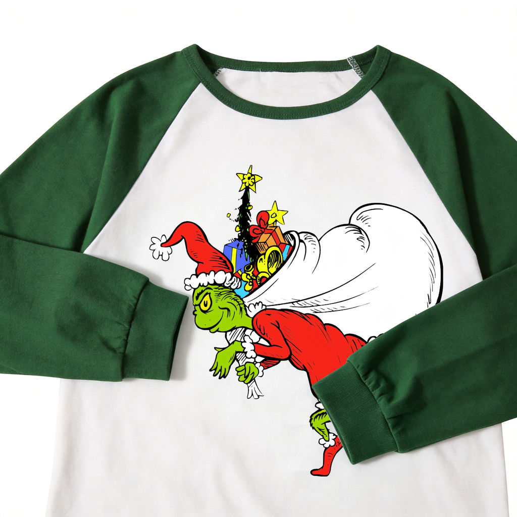 Christmas Green Pajamas Set With Cartoon Pattern Print