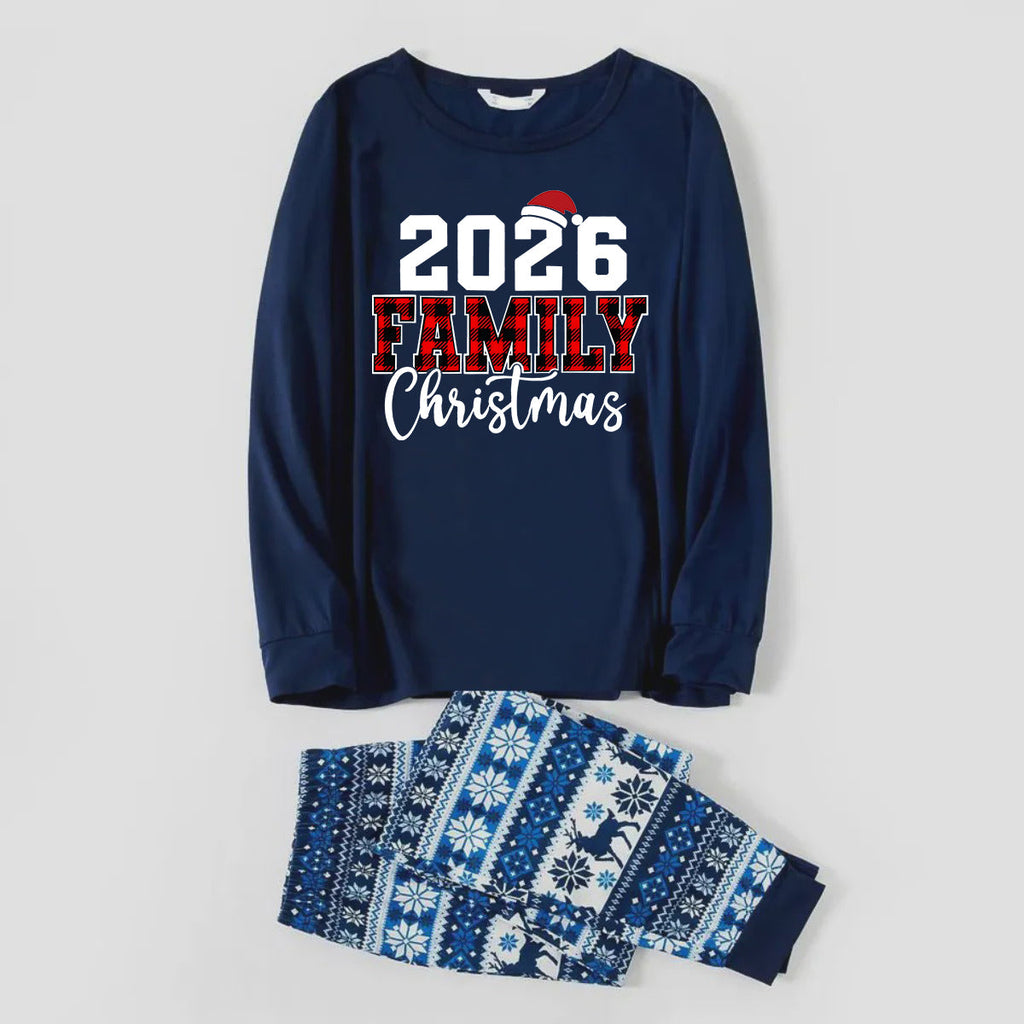 2026 Family Christmas Text Print Blue Family Christmas Matching Pajamas