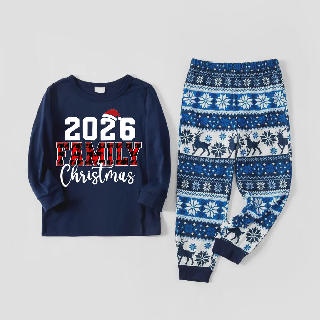 2026 Family Christmas Text Print Blue Family Christmas Matching Pajamas