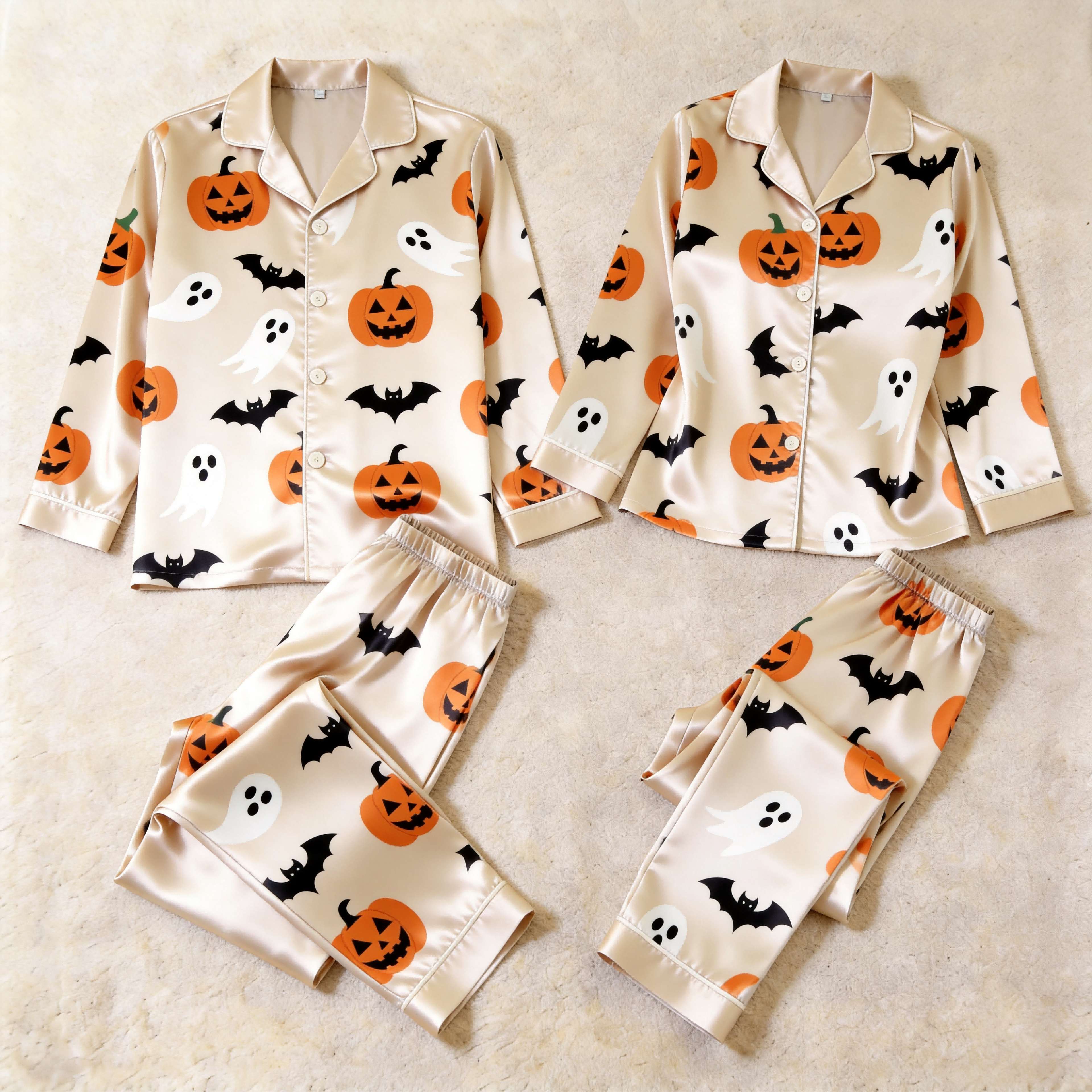Halloween Pumpkin and Ghost Satin Matching Pajamas for Couples ¨C Long Sleeve Button-Down Top & Pants Sleepwear Set