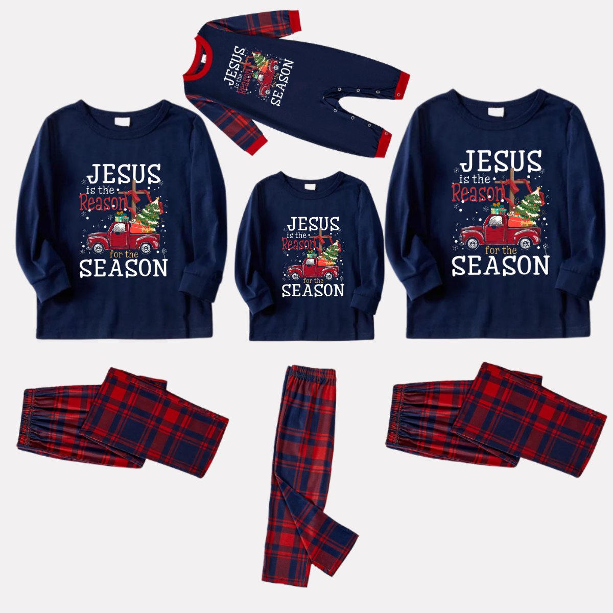 Navy & Red Plaid Christmas Pajamas Set With "Jesus is the Reason for the Season" Text Print