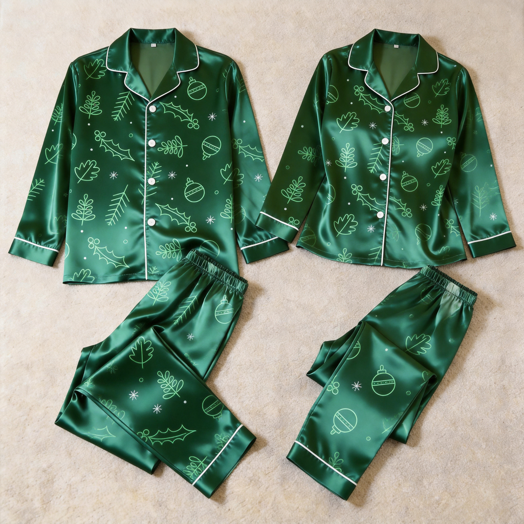 Holiday Elements Satin Matching Pajamas for Couples – Long Sleeve Button-Down Top & Pants Sleepwear Set