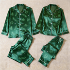 Holiday Elements Satin Matching Pajamas for Couples – Long Sleeve Button-Down Top & Pants Sleepwear Set