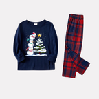 Navy & Red Plaid Christmas Pajamas Set with Snowman & Christmas Tree Print