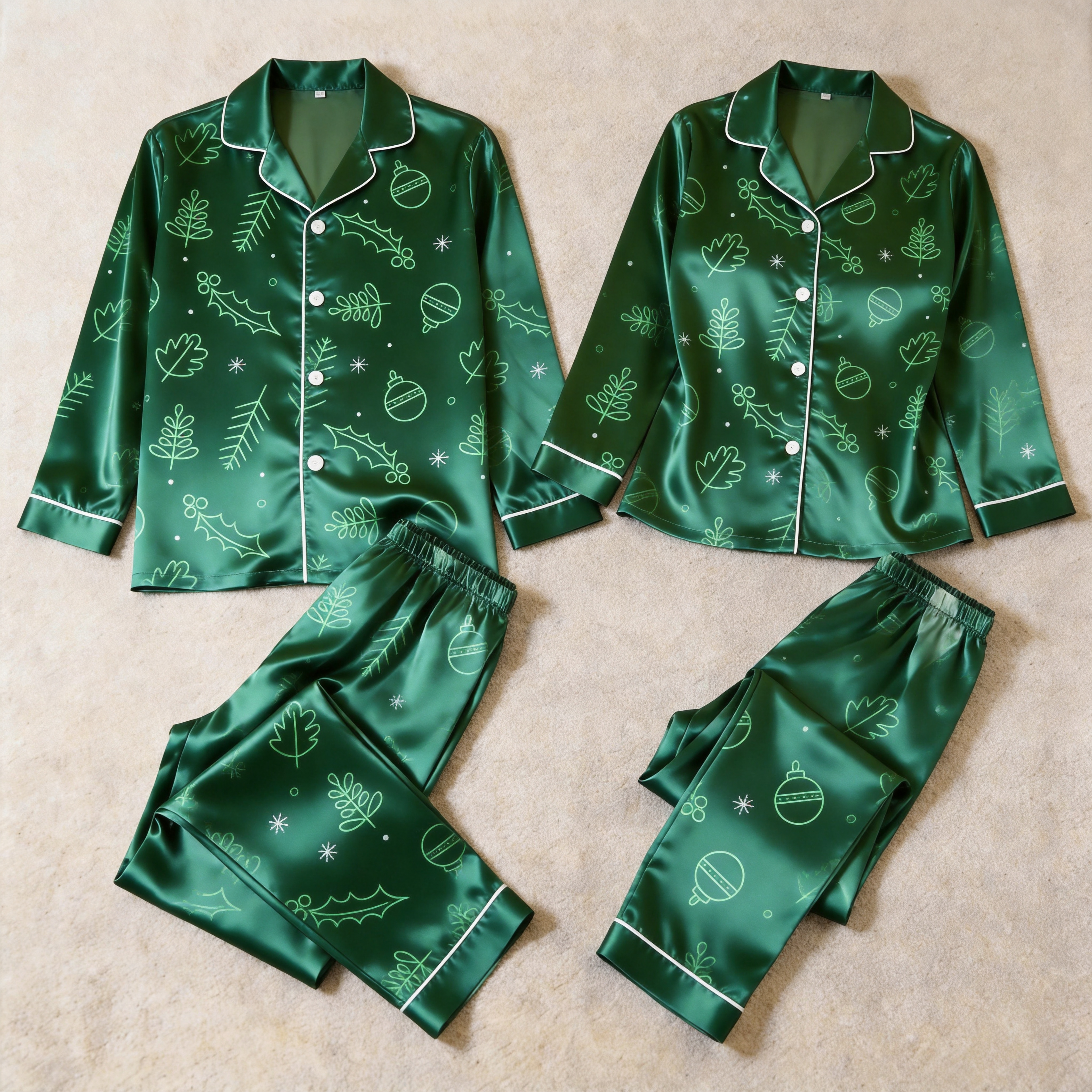 Holiday Elements Satin Matching Pajamas for Couples – Long Sleeve Button-Down Top & Pants Sleepwear Set