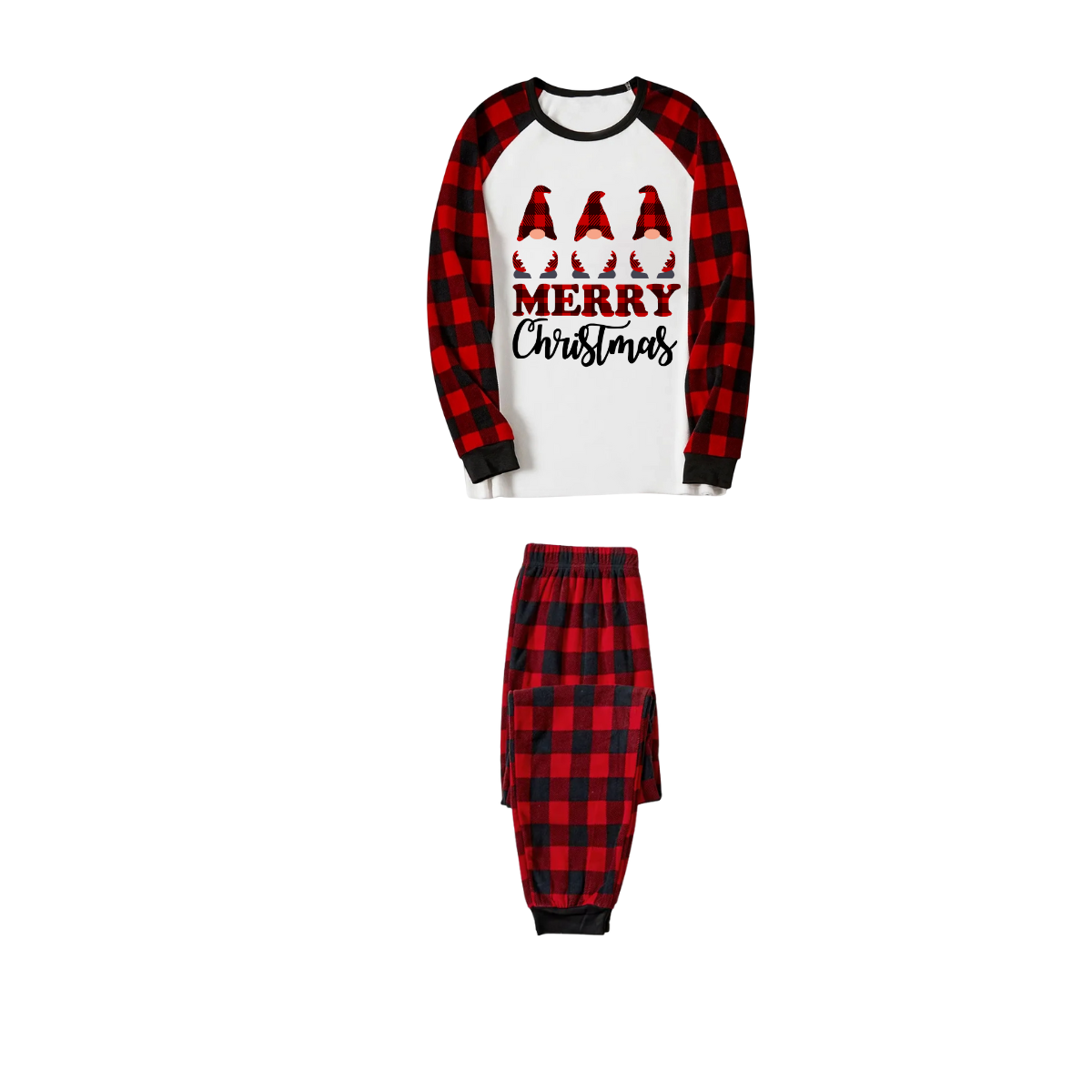 Merry Christmas Gnome Family Pajamas Set - White Top, Red Plaid Pants, Plaid Sleeves